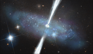 Illustration of dwarf galaxy with growing black hole and jet